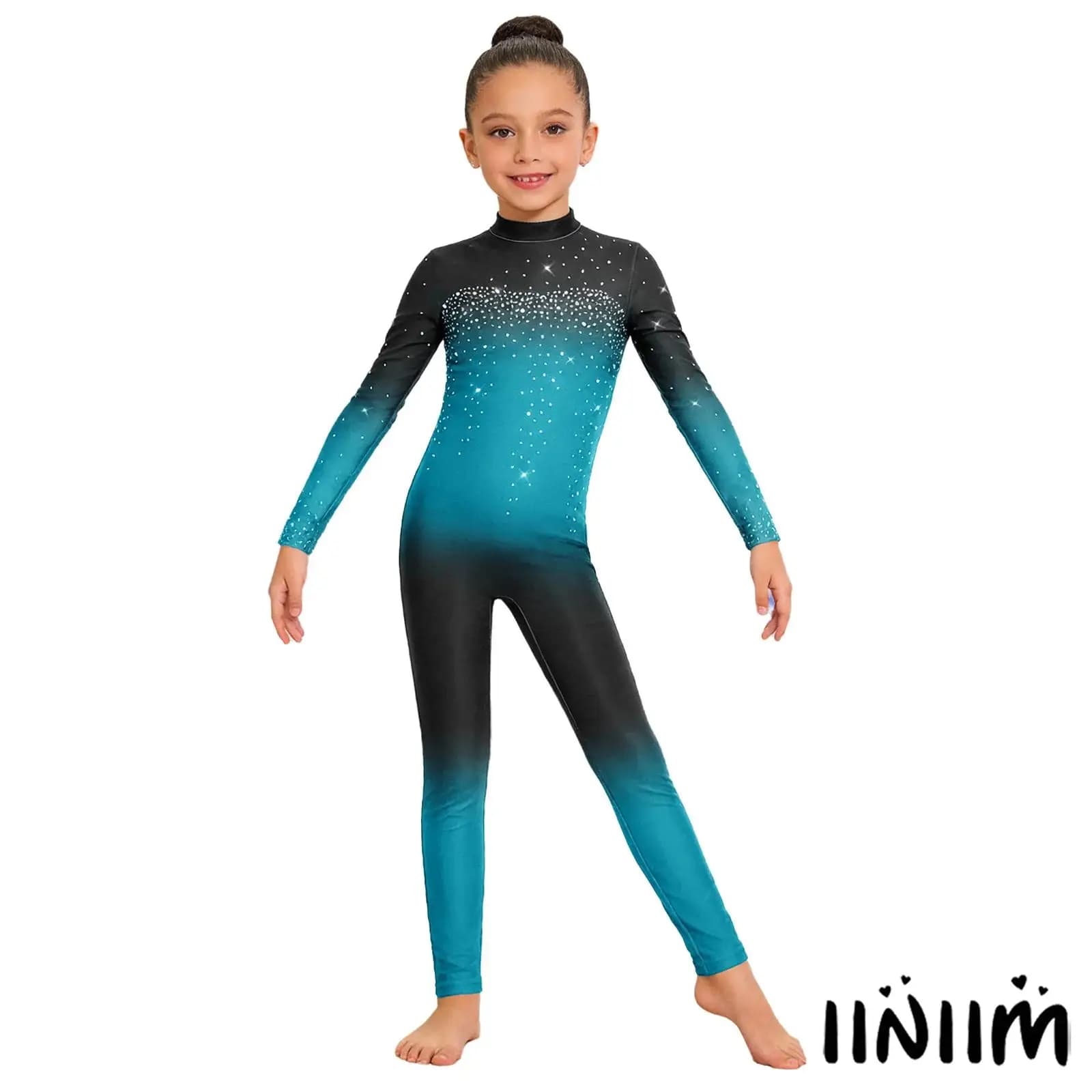 Body intero da ginnastica e pattinaggio artistico per bambine, a maniche lunghe, con strass lucidi e colore sfumato