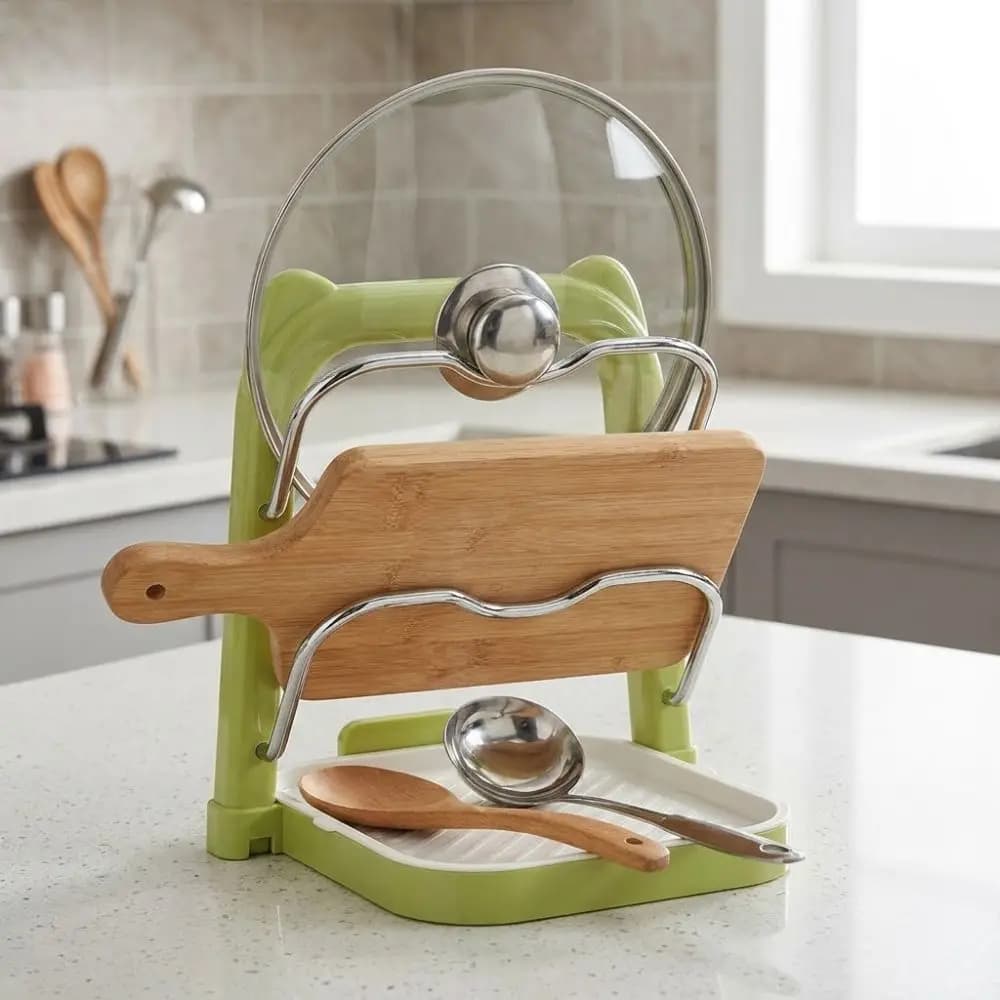 Double Layer Pot Lid Storage Rack No Drill Anti-Slip Pot Cover Shelf Stable Drainage Tray Cutting Board Holder Cabinet