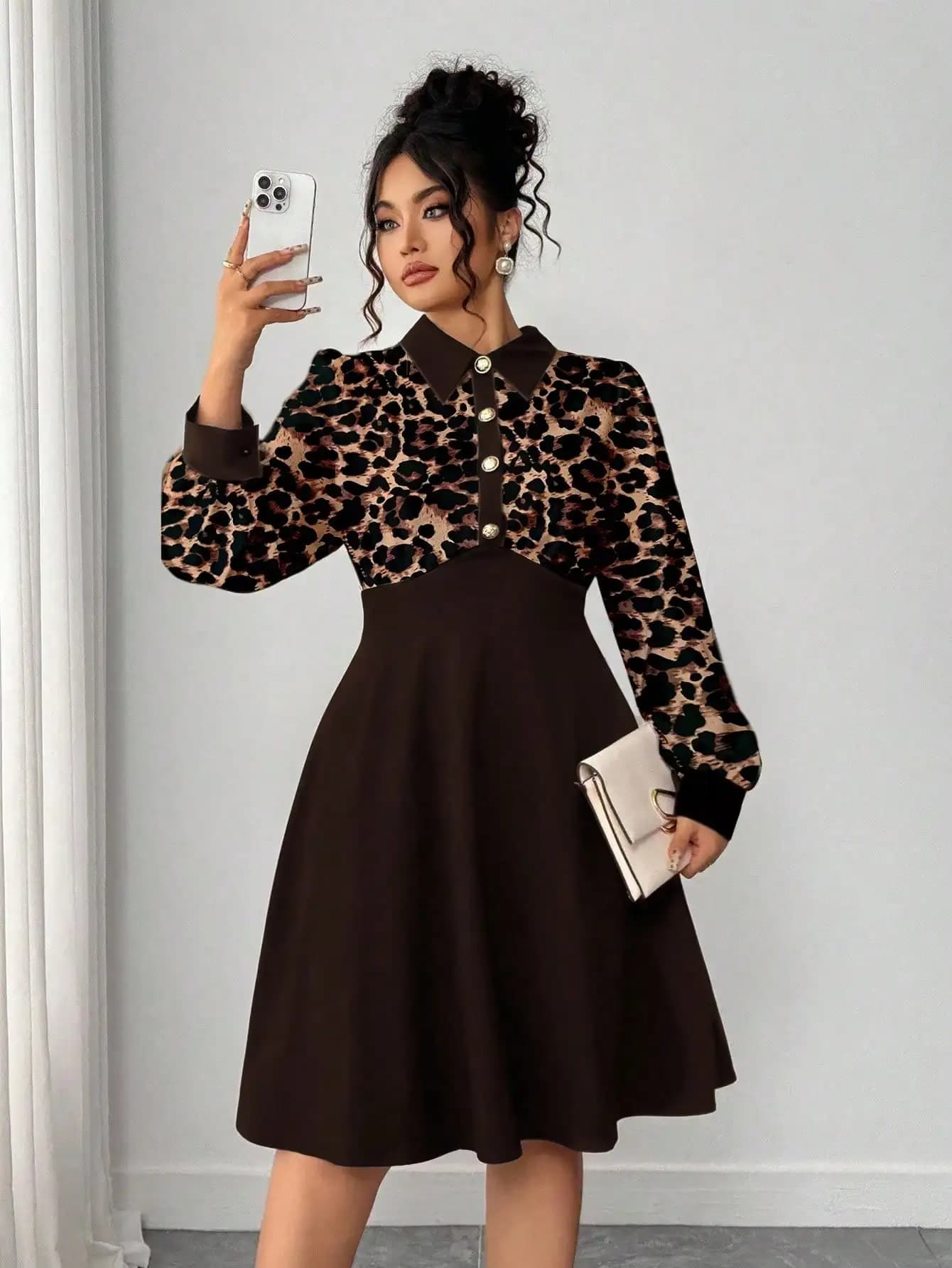 Abito midi a trapezio con stampa leopardata marrone, con colletto e bottoni, maniche lunghe, elegante e casual per feste.