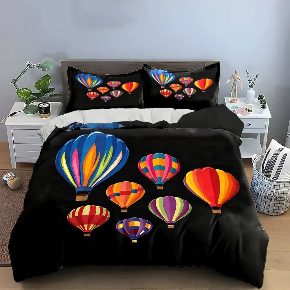 Set di copripiumini morbidi e confortevoli con motivo a mongolfiere colorate, include 1 copripiumino e 2 federe, idea regalo