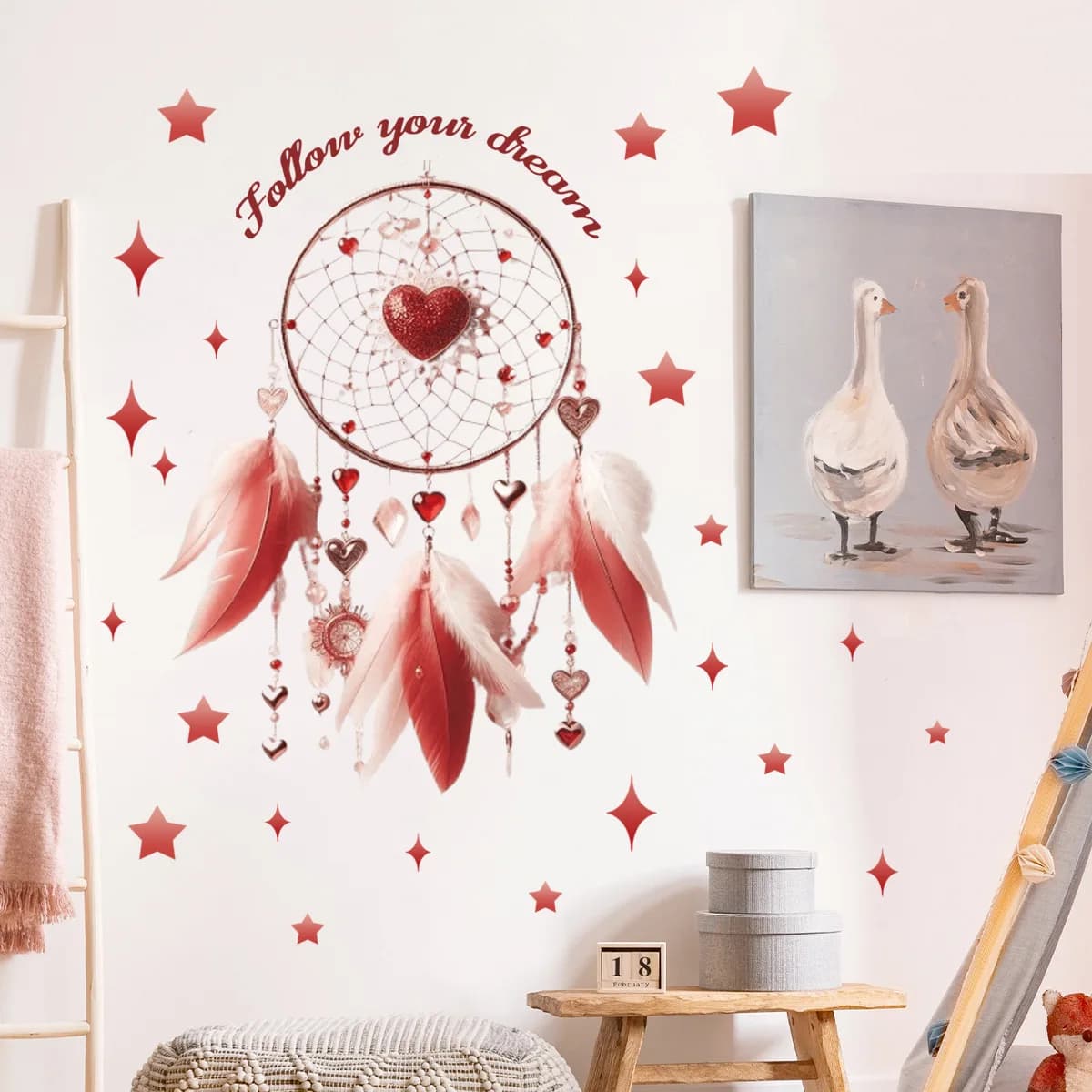 Red Dreamcatcher Wall Decal - "Follow Your Dream" Quote with Hearts & Stars for Girls Room