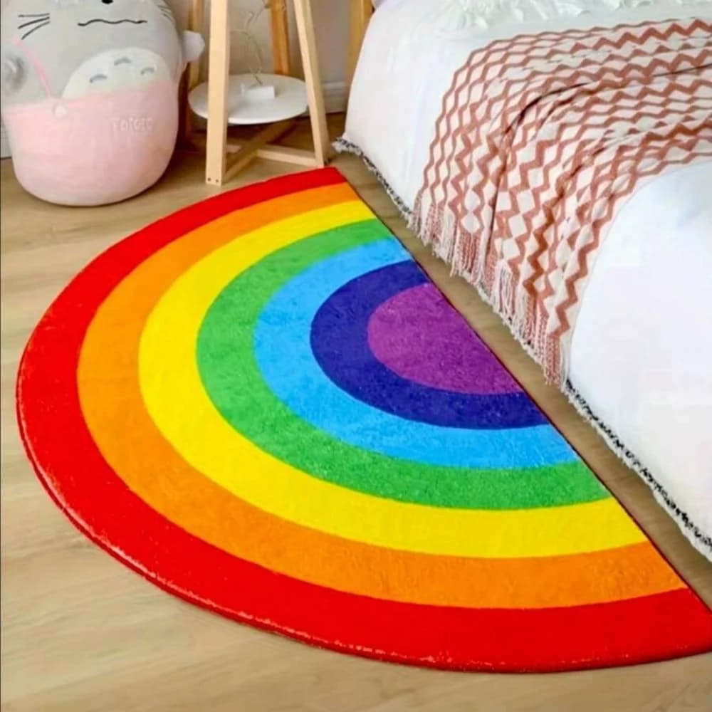 Tappeto semicircolare arcobaleno vivace antiscivolo per camera da letto e soggiorno, grazioso tappetino colorato con design ad arco, perfetto