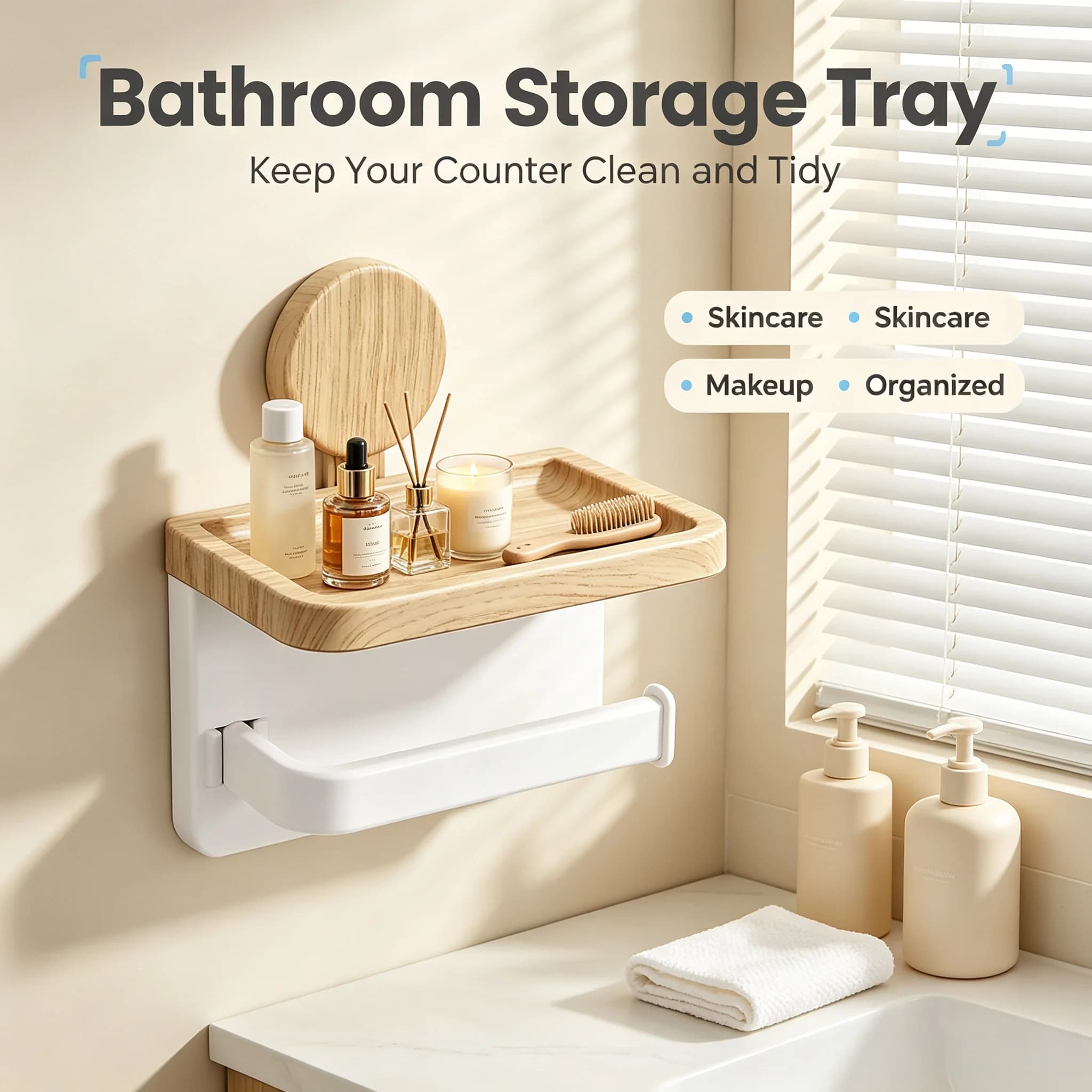 Wall Mount Suction Toilet Paper Roll Holder, Wood‑Pattern Storage Shelf No‑Drill Bathroom Tissue Organizer for Phone Small Accessories