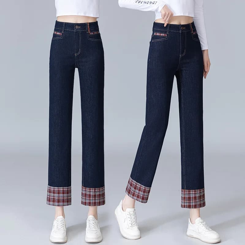 Jeans a gamba dritta con risvolto blu denim da donna, pantaloni corti versatili elasticizzati dimagranti a vita alta primaverili e autunnali