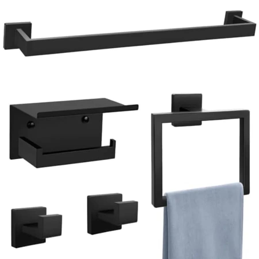 Set di Accessori per Bagno in Nero Opaco, 5 Pezzi, Include Portasciugamani da 60 cm, Portarotolo con Mensola