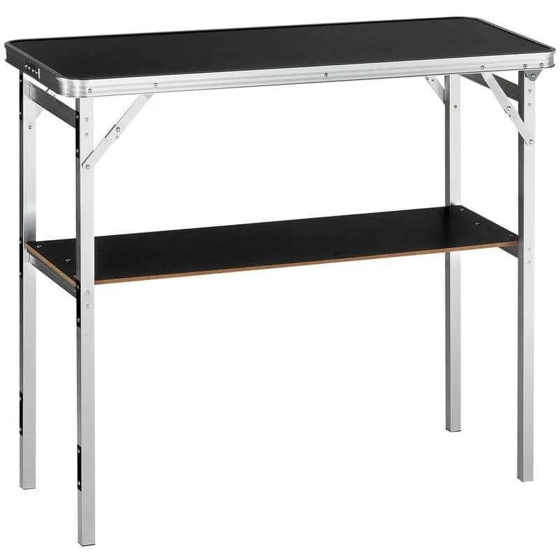 Folding Portable Bar Table, Tradeshow Podium Table for Indoor, Outdoor, Party, Picnic, Exhibition, Includes Carrying Case, Storage Shelf and Black Skirt, 38.39" x 15.16" x 34.25"