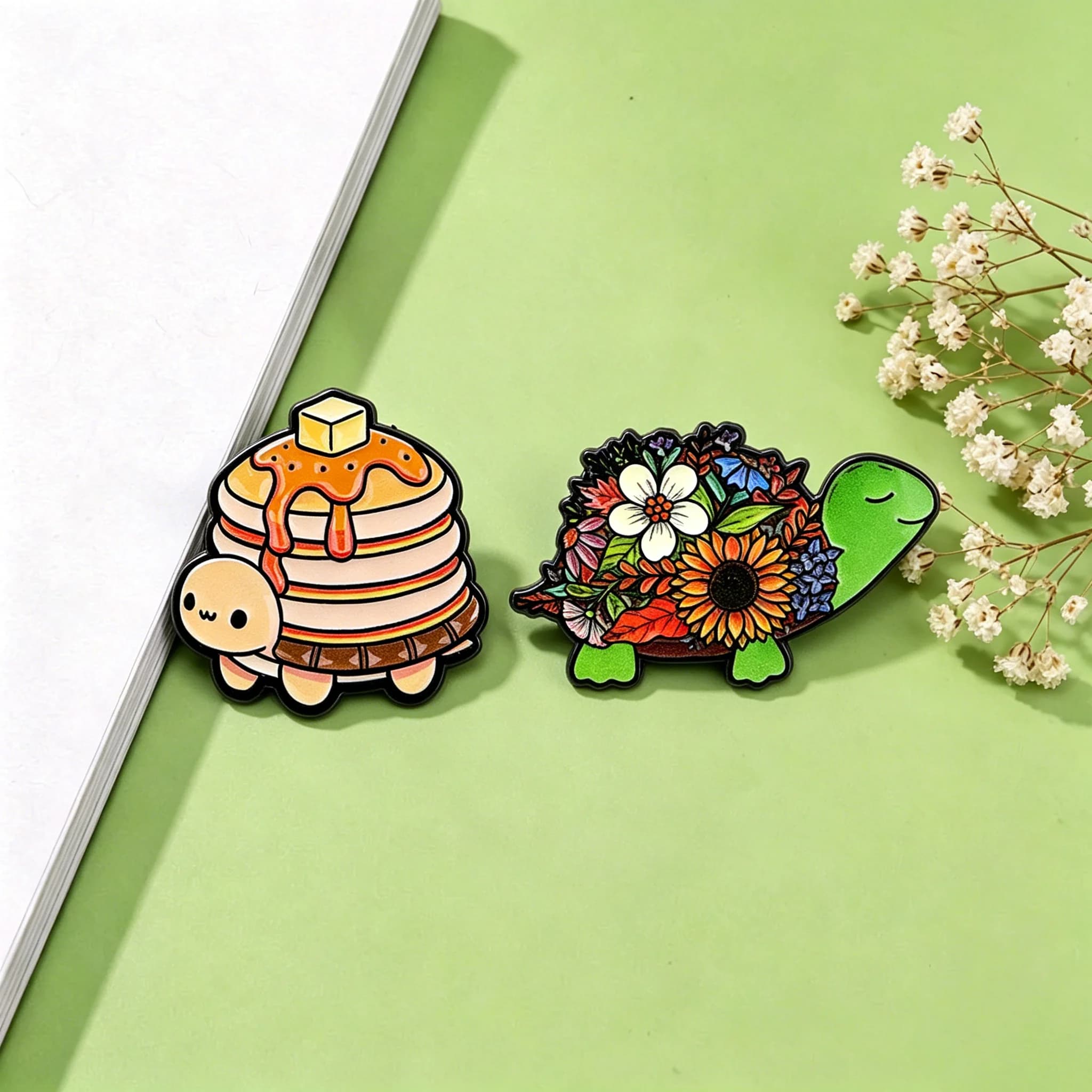 Pancake & Flower Turtle Enamel Pins Cartoon Tortoise Brooches Badges for Backpacks Collection Gifts Cosplay Accessories