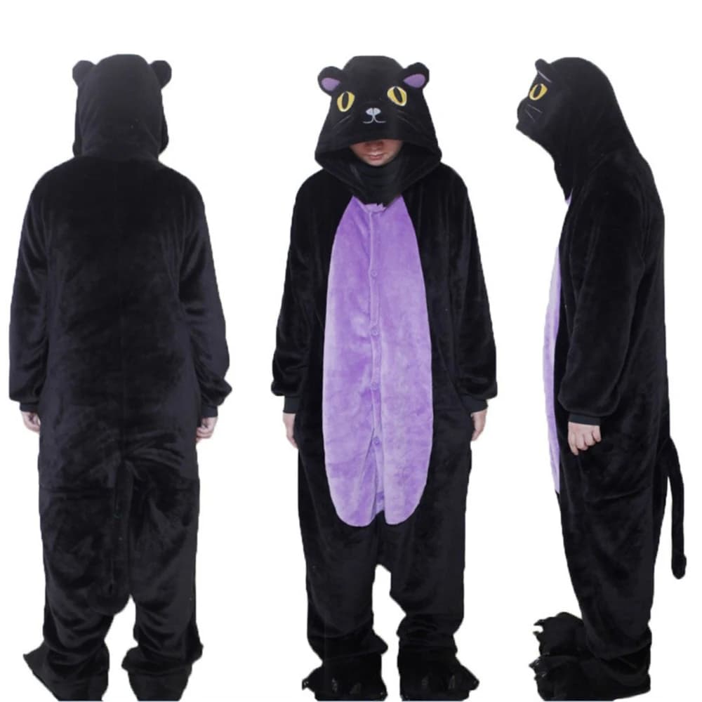Pigiama animale carino per adulti con tutina gatto nero unisex donna cosplay costume di Halloween costume intero in flanella di Natale indumenti da notte per la casa