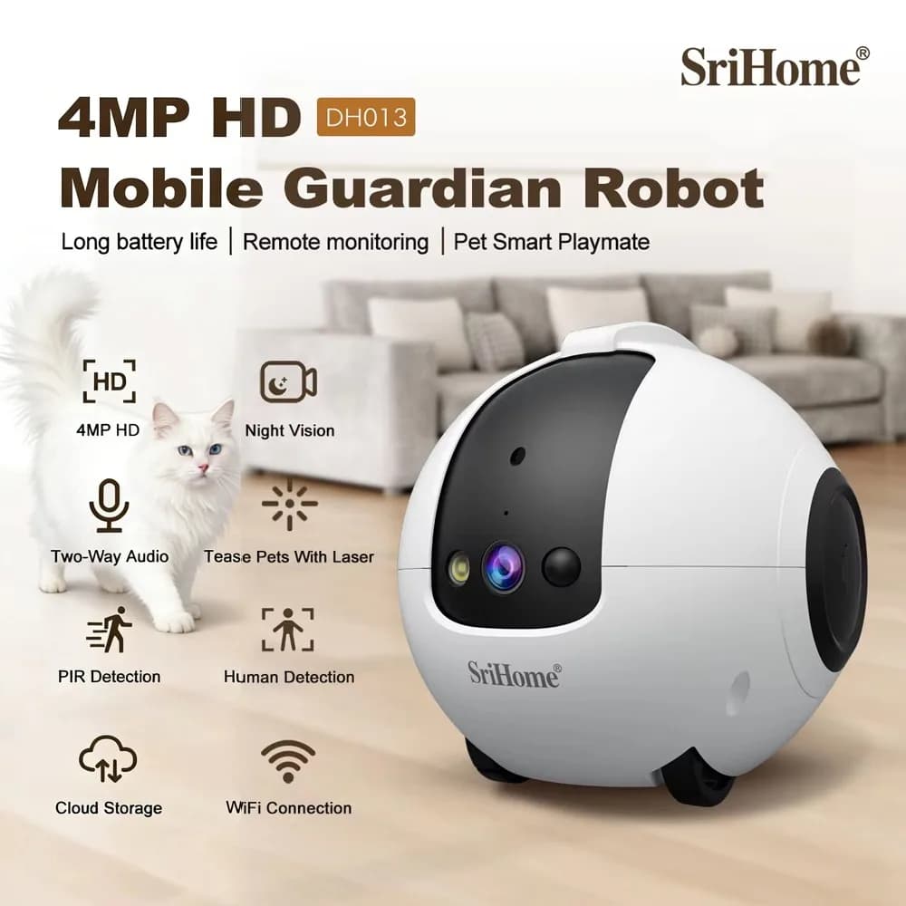 Telecamera Robot Intelligente Mobile Srihome 4MP, a Batteria, Wireless, per Animali Domestici/Anziani/Bambini, Controllo tramite APP, Telecamera di Sicurezza per la Cura Domestica