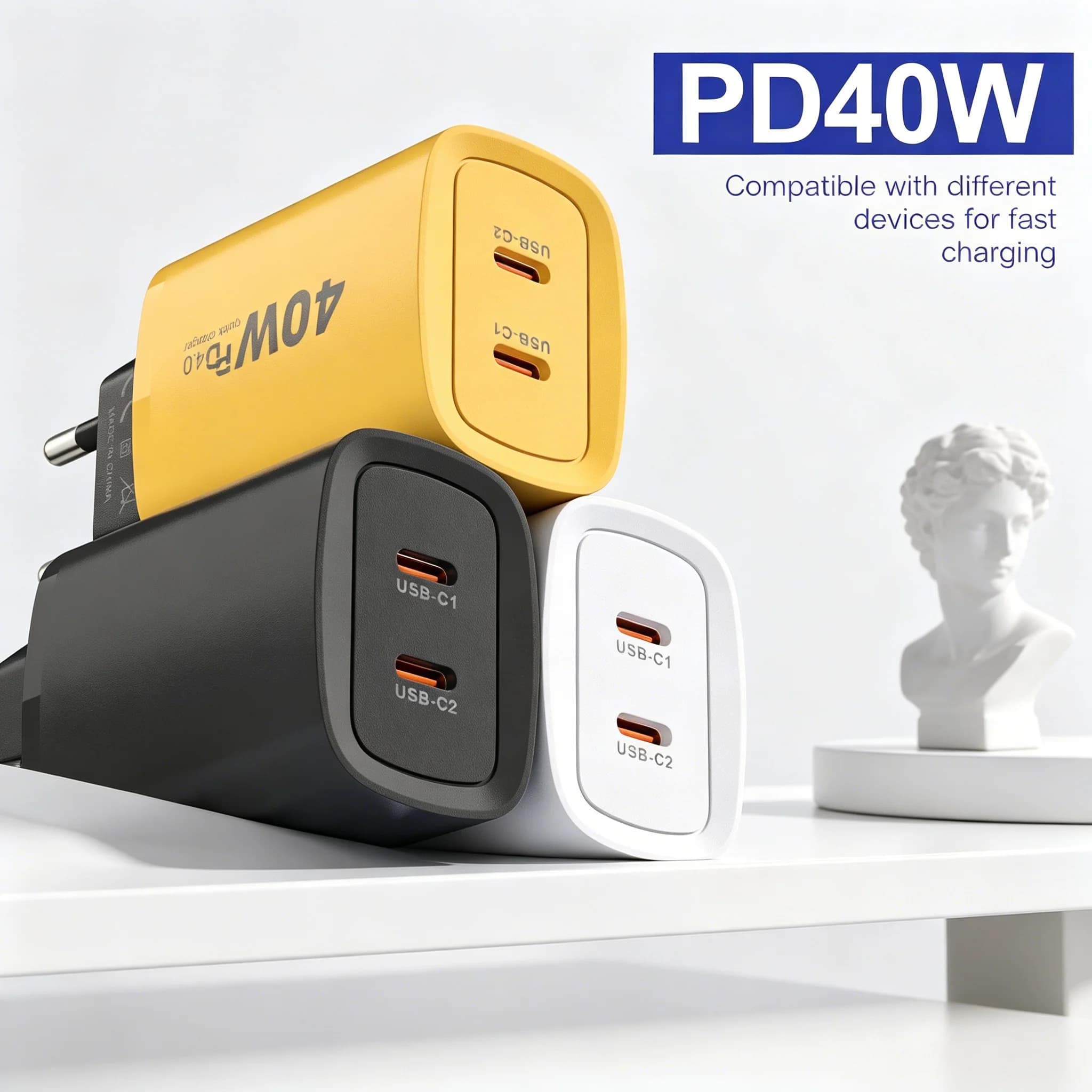 Caricatore USB PD da 40W, Ricarica Rapida 3.0, Adattatore di Alimentazione per iPhone 14 Pro, Xiaomi, Samsung, Huawei, Caricatore da Muro USB PD da Viaggio