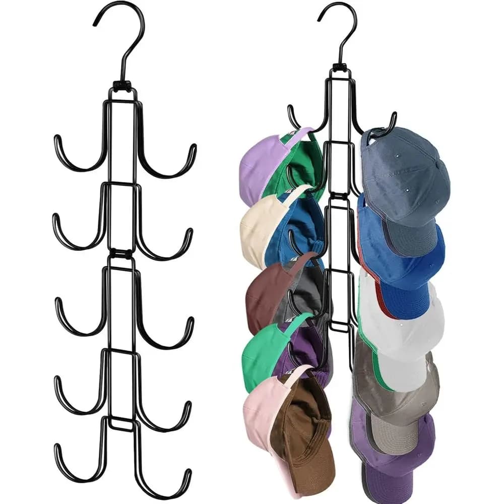 Collapsible Rack with 10 Rotatable Large Hooks, Holds Up to 40 Baseball Caps, Metal Space Saving Hat Hanger, Storage and Closet
