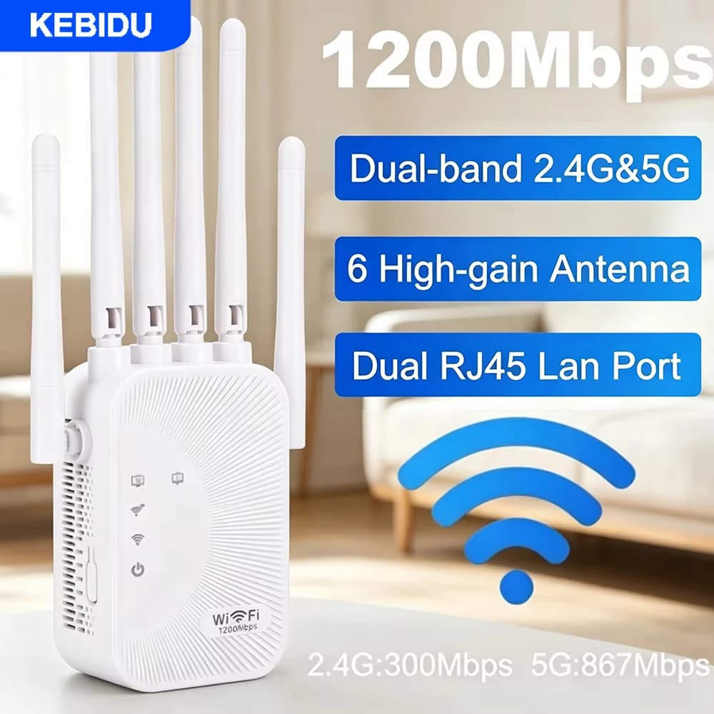 KEBIDU Ripetitore WiFi 1200/300Mbps, Amplificatore di Segnale 2.4G 5G, Estensore di Rete, Amplificatore di Segnale WiFi, Router Wireless