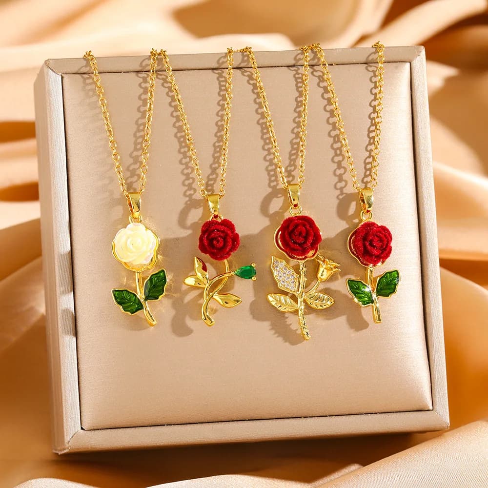 LAMENGLY Collana con Ciondolo a Rosa in Acciaio Inossidabile 316L, Splendida con Diamanti, Gioielli da Donna, Regalo