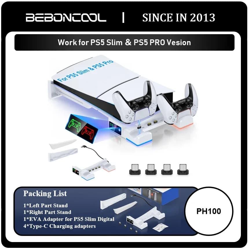 BEBONCOOL PH100 per PS5 Pro/Slim Versione digitale/disco Staffa di ricarica orizzontale con luci Adatta per accessori PS5