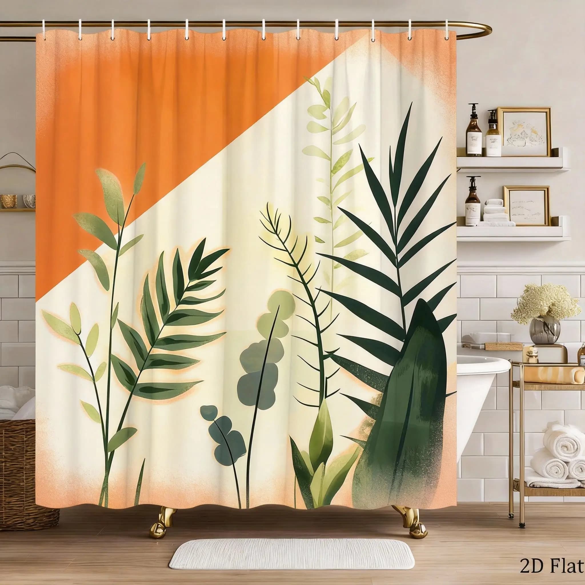 Tenda da doccia con motivo vegetale, 1 pezzo - Blocco geometrico con foglie verdi, design moderno e naturale, decorazione contemporanea per il bagno
