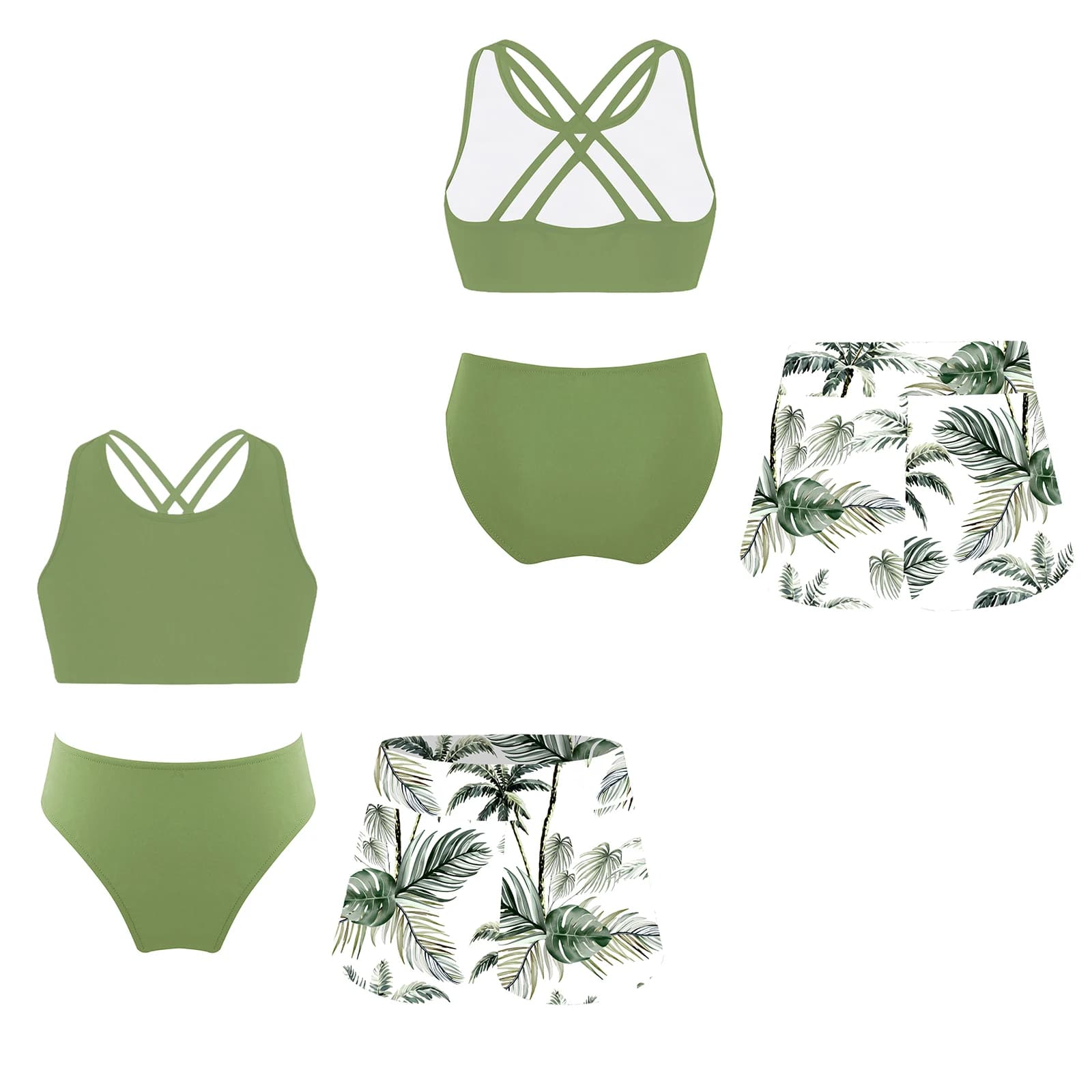 Costumi da bagno bikini per bambina 3 pezzi Costumi da bagno Costumi da bagno Completi da spiaggia Top corto senza maniche con pantaloncini stampati e slip Costumi da bagno