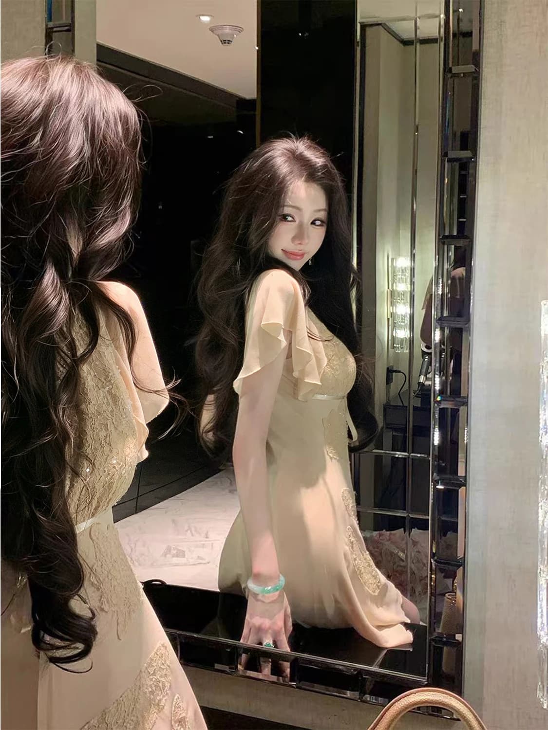 Syqiao Lace Short Dress Women's Sexy High Waist Spring Summer Autumn Season V-Neck Zipper Back Short Sleeve Fly Sleeve Dress