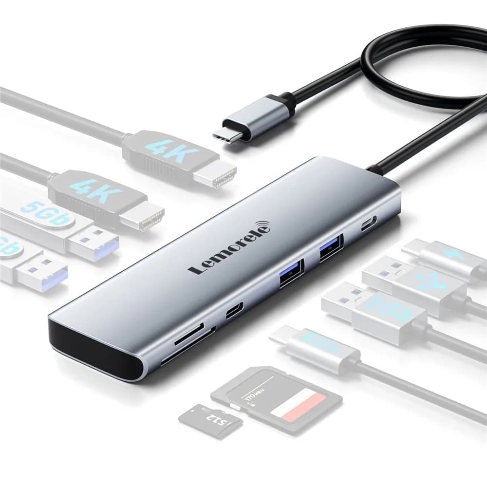LEMORELE TC91 10 in 1 USB-C Hub Dual 4K / 30Hz HD PD100W Fast Charging USB 3.0 Docking Station SD / TF Card Reader - Grey