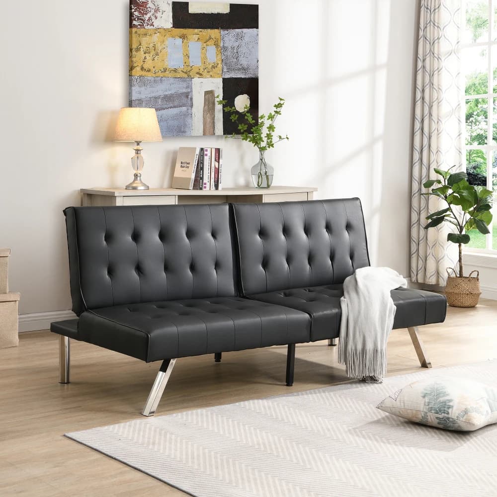Black PVC Futon Sofa Bed with Wood Frame And Stainless Steel Legs Living Room Furniture