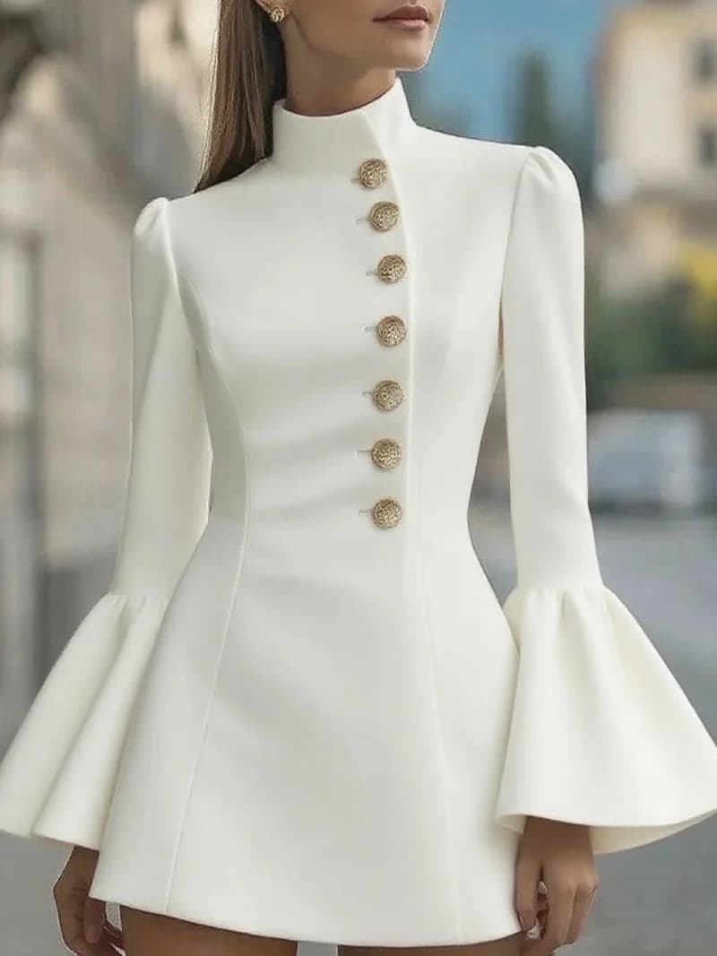 Autumn temperament slim solid colour stand-up collar flared sleeve single-breasted suit dress
