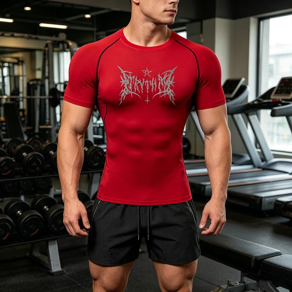 Men's 2 Piece Set Gothic Letter Print Compression T-shirt & Dual Zipper Pocket Swim Shorts Quick Dry Gym Beach Workout Outfit