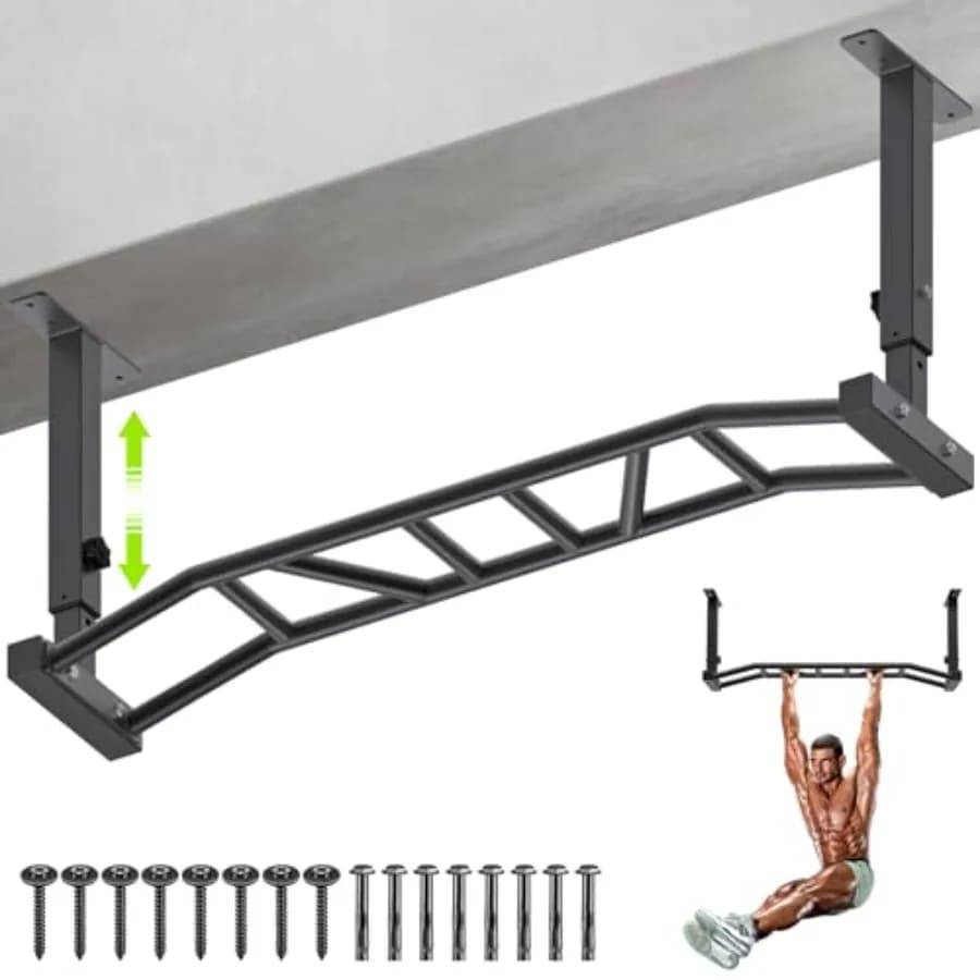 Home gym ceiling-mounted pull up bar, heavy-duty steel, black, adjustable height with multi-grip options and included resistanc