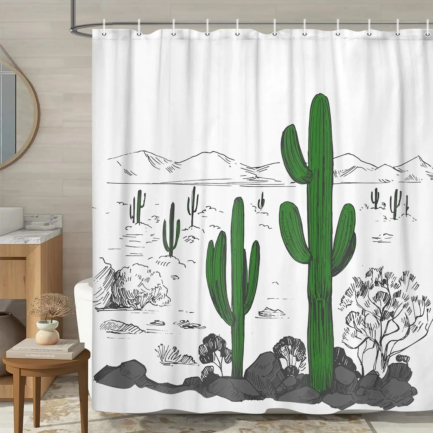 Tenda da doccia cactus per bagno con decorazione occidentale bianca nera, tenda da doccia per bagno cactus verde con gancio,