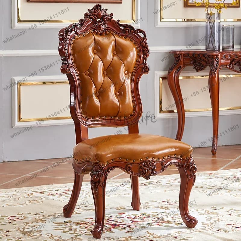 LJYSolid Wood Genuine Leather Carved Armrest Soft Cushion Rubber Wood Vintage Chair Hotel Leisure Meeting Study Dining Chair