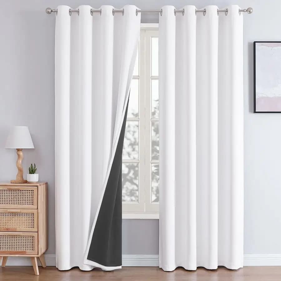 Dark Curtains 100% White for Bedroom with Black Lining, 2 Thick Roads, Total Dark, Thermal Insulating, With Eyelets