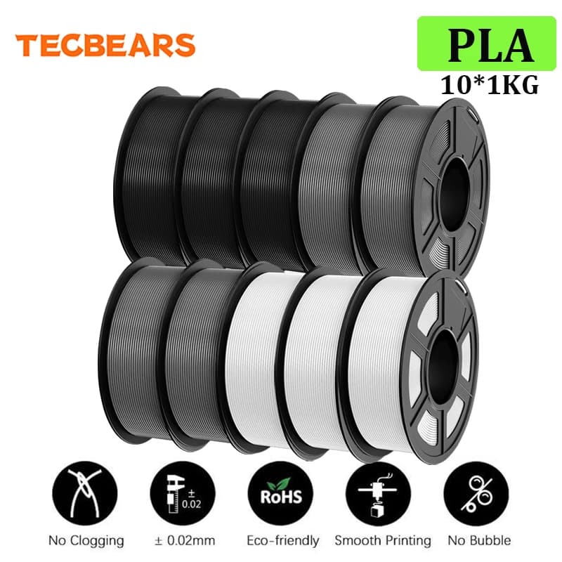 Filamento PLA per Stampante 3D TECBEARS 10KG 1.75mm, Avvolgimento Ordinato, Confezione Sottovuoto, Materiali PLA Fai-da-Te per la Maggior Parte delle Stampanti 3D FDM, Spedizione Rapida