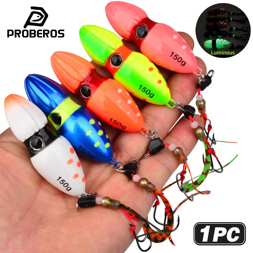 PROBEROS 1PC Gourd Slider Jig Saltwater Jigging Lure Slow Jig Head With with Butterfly Hook and Skirt Lureluminous Fishing Bait