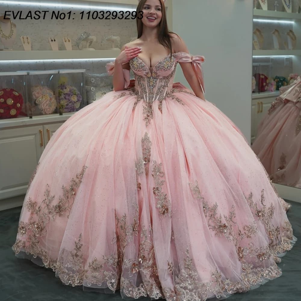 EVLAST Personalizzato Principessa Rosa Abito di Sfera Abito Quinceanera Paillettes Applique In Rilievo di Cristallo Dolce 16 Abiti Da 15 Anos E1QN68