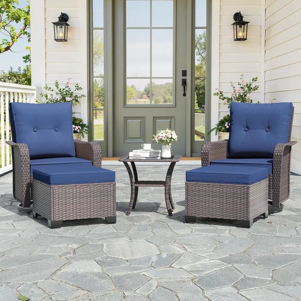 Set di 5 Sedie a Dondolo Girevoli in Vimini per Esterni con Cuscini, Pouf e Tavolino Laterale, Ideale per Patio, Veranda, Terrazza, Giardino
