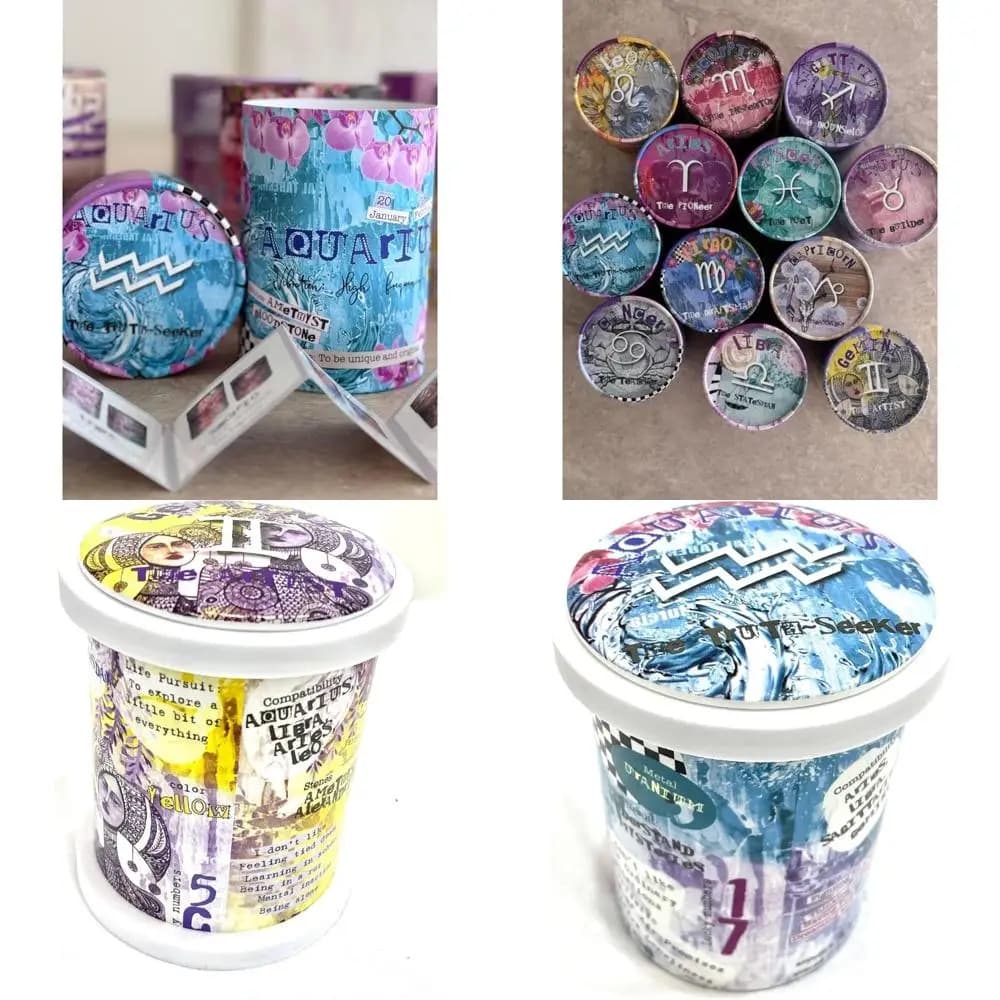 Aquarius zodiac-themed jasmine scented candle in reusable ceramic jar, 12,3 ounces, long lasting aroma