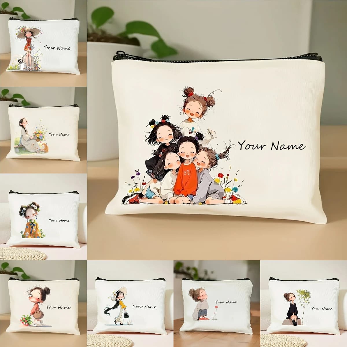 Korean style anime girl makeup bag Beauty bag with custom name/text Organizer travel bag in durable fabric Women's chic gift case