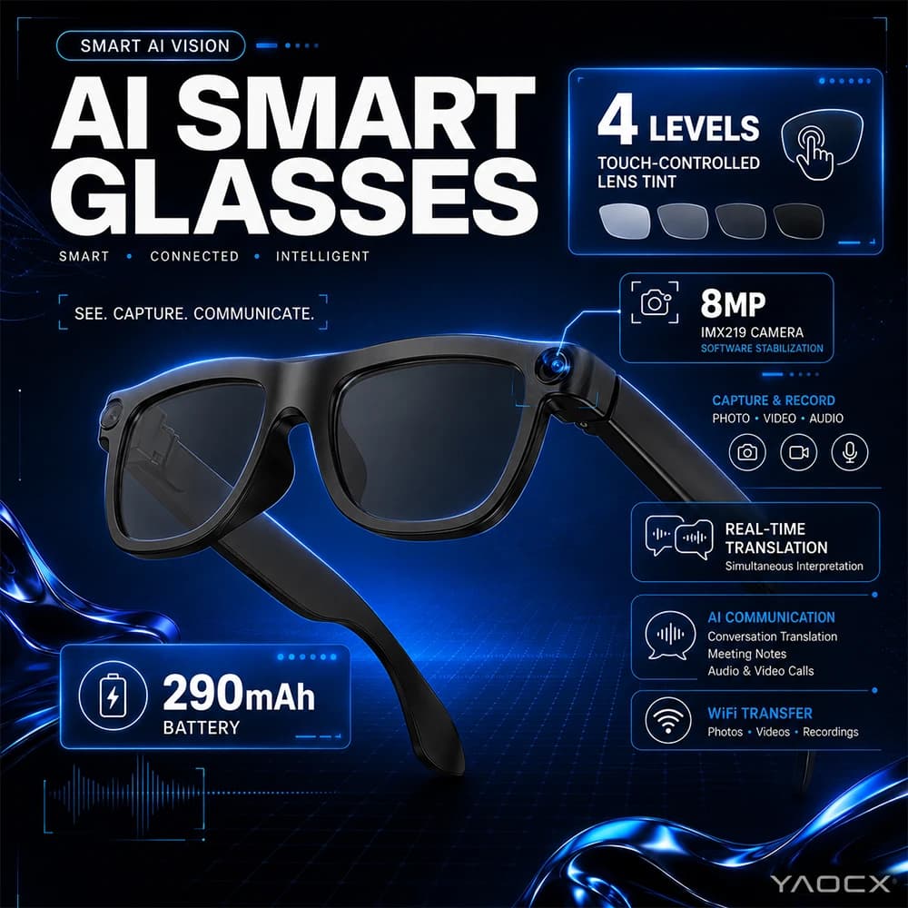 New Smart Glasses AI Smart Q&A 8MP HD Camera Object Recognition Language AI Translation Bluetooth Calling & Music Smart Glasses