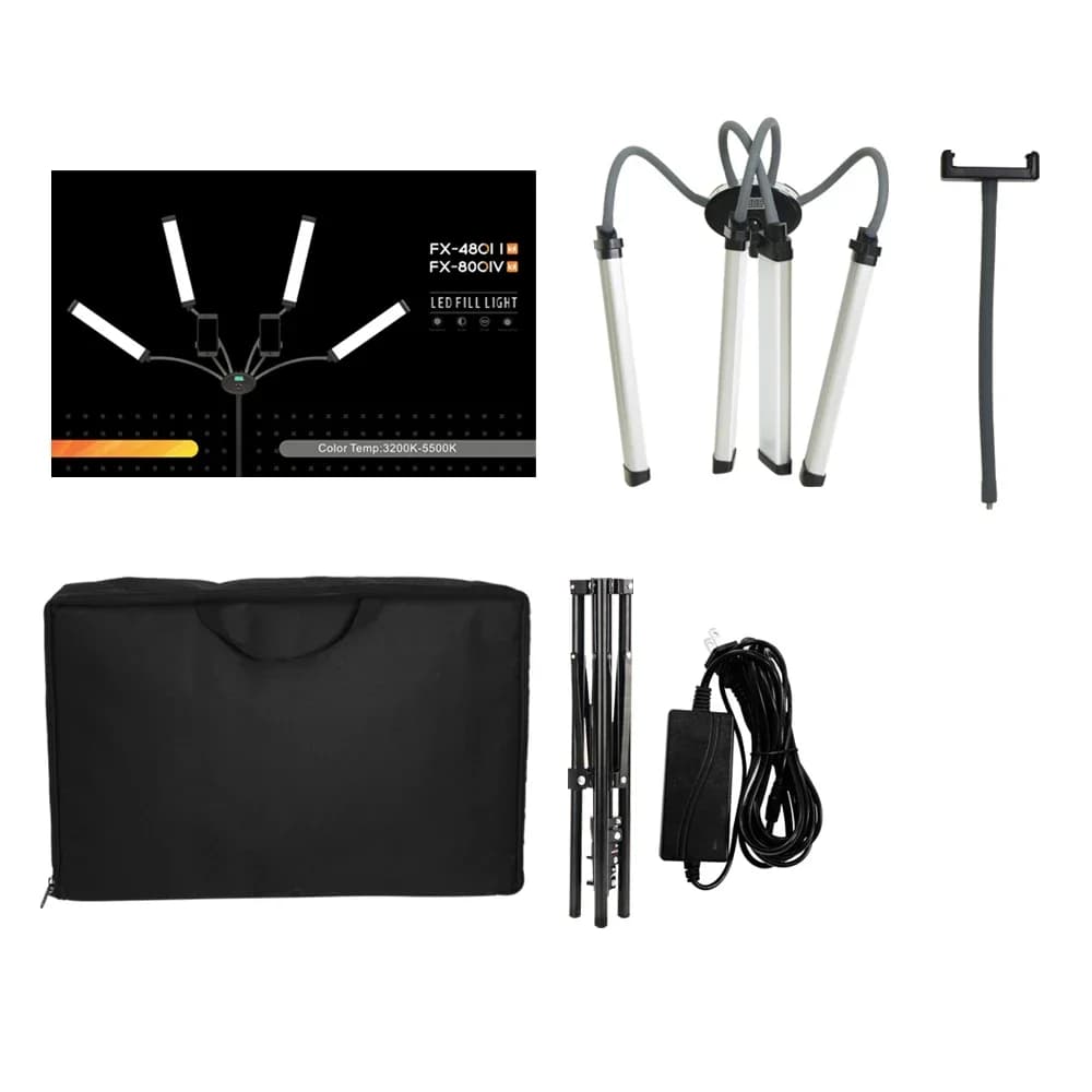 Lampada Tubolare a Doppio/Quattro Bracci 3000K-5600K 50W/80W per Studio Fotografico, Luce ad Anello per Selfie con Treppiede, Strisce LED Lunghe + Kit con Borsa
