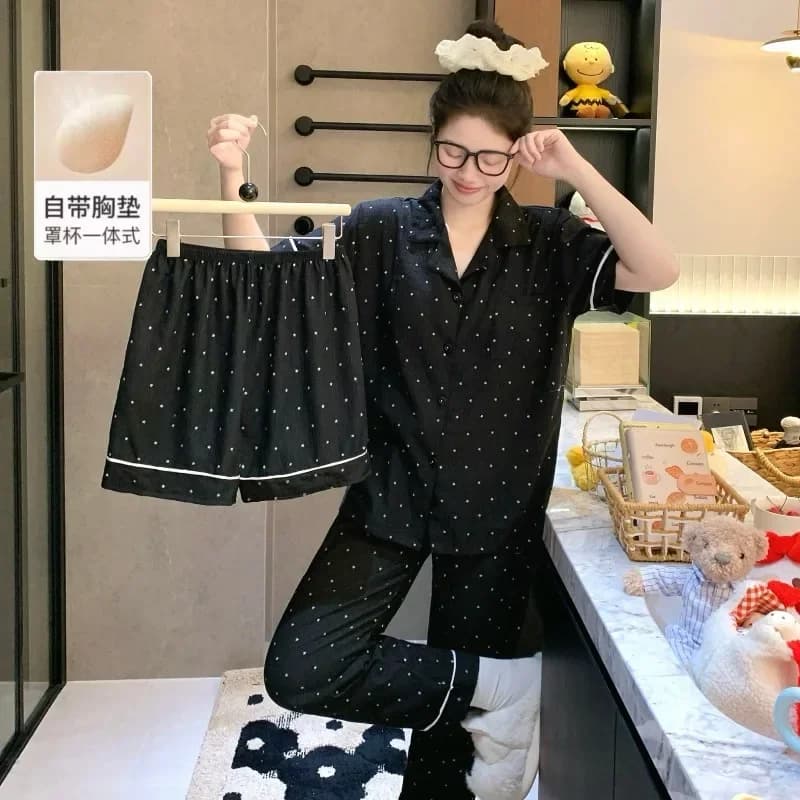 Women Spring Summer Autumn Girl Pajamas Chest Pad Loungewear Short Sleeves Loose Lady Pajamas Cute Loungewear Set Worn Outside