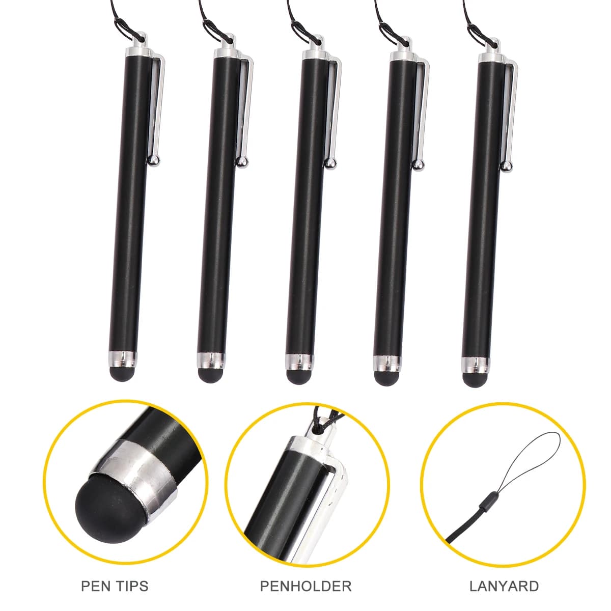 Penna stilo da 5 pezzi per touch screen capacitivo Punta in gomma da 9 mm Corpo in metallo compatibile con tablet telefono Disegno Scrittura Uso quotidiano