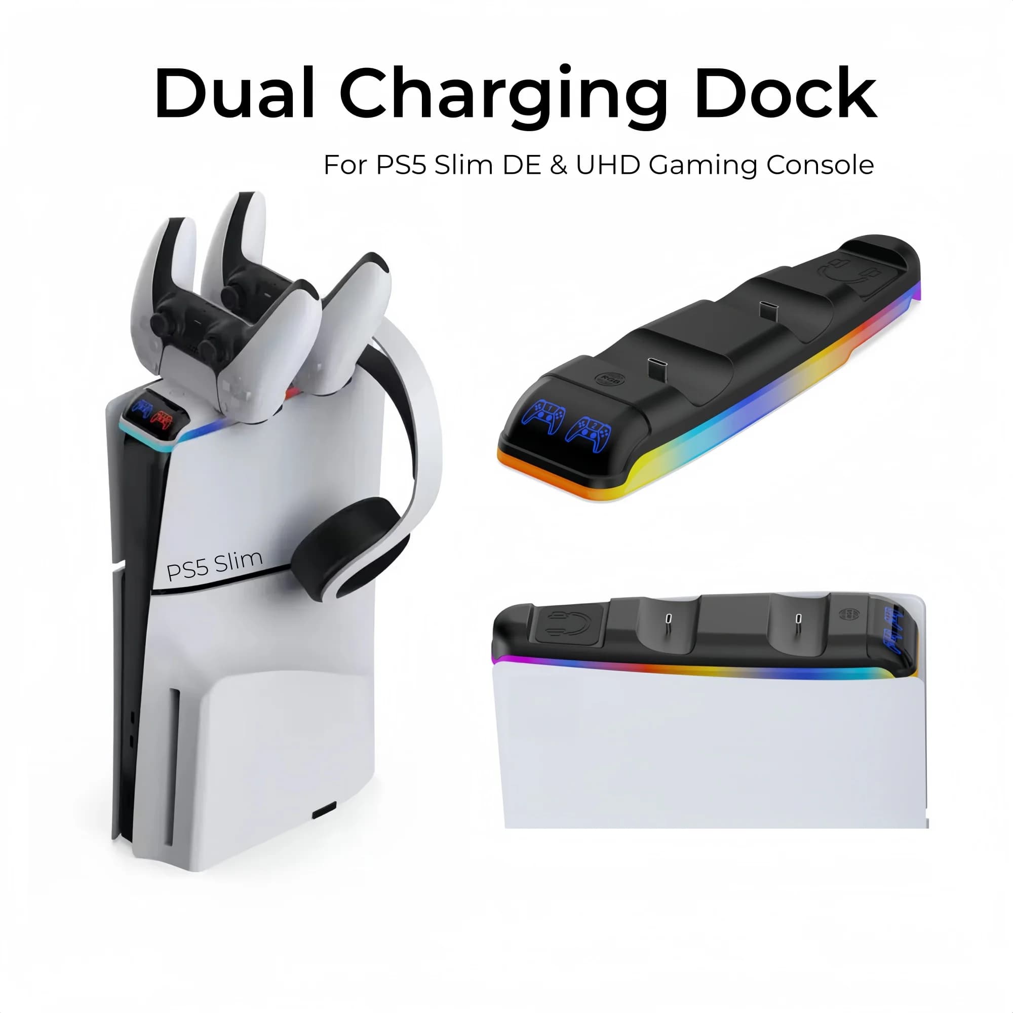 RGB Light Charging Dock For PS5 DualSense Wireless Controller, Console Top Charger Station For PS5 Slim Game Console Accessory