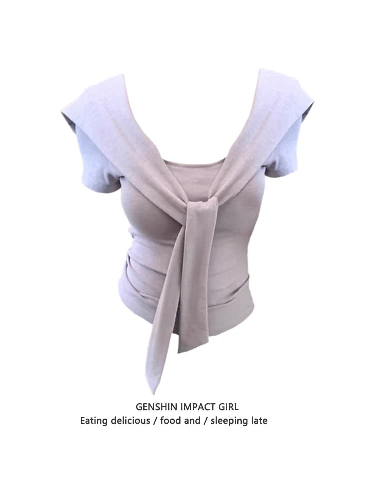 T-shirt slim fit a maniche corte da donna, nuovo stile estivo, Pure Desire Wind Knot, abito corto con colletto quadrato, stile Hong Kong Chic B