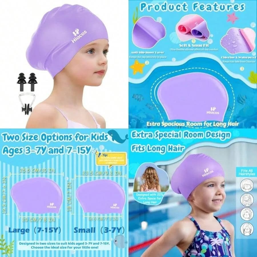 Cuffia da nuoto in silicone per ragazze e ragazzi, 2 misure, per capelli lunghi, impermeabile, per bambini e adolescenti, per mantenere i capelli asciutti