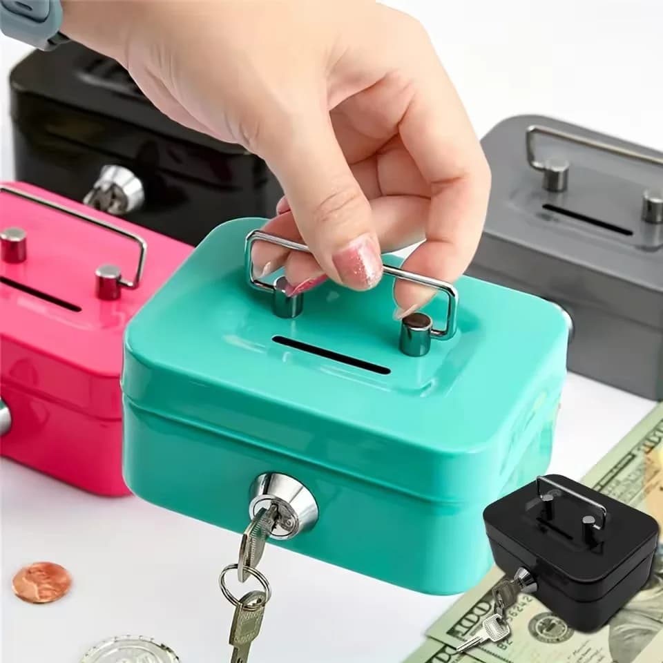 Metal Locker with Key Lock, Coin Container 4.53x3.8x2.28 inch, Steel Valve Box, Small Storage Box for Adults and Children