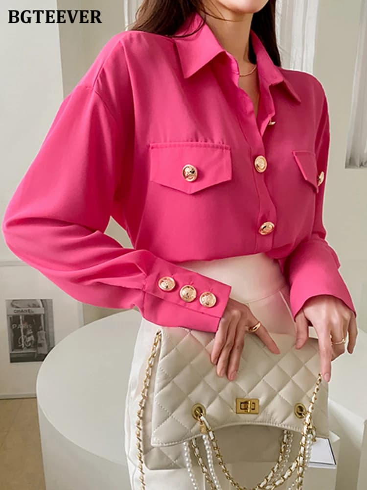 BGTEEVER Camicie Chic Primaverili da Donna, Stile Casual con Colletto Rovesciato, Maniche Lunghe, Tinta Unita