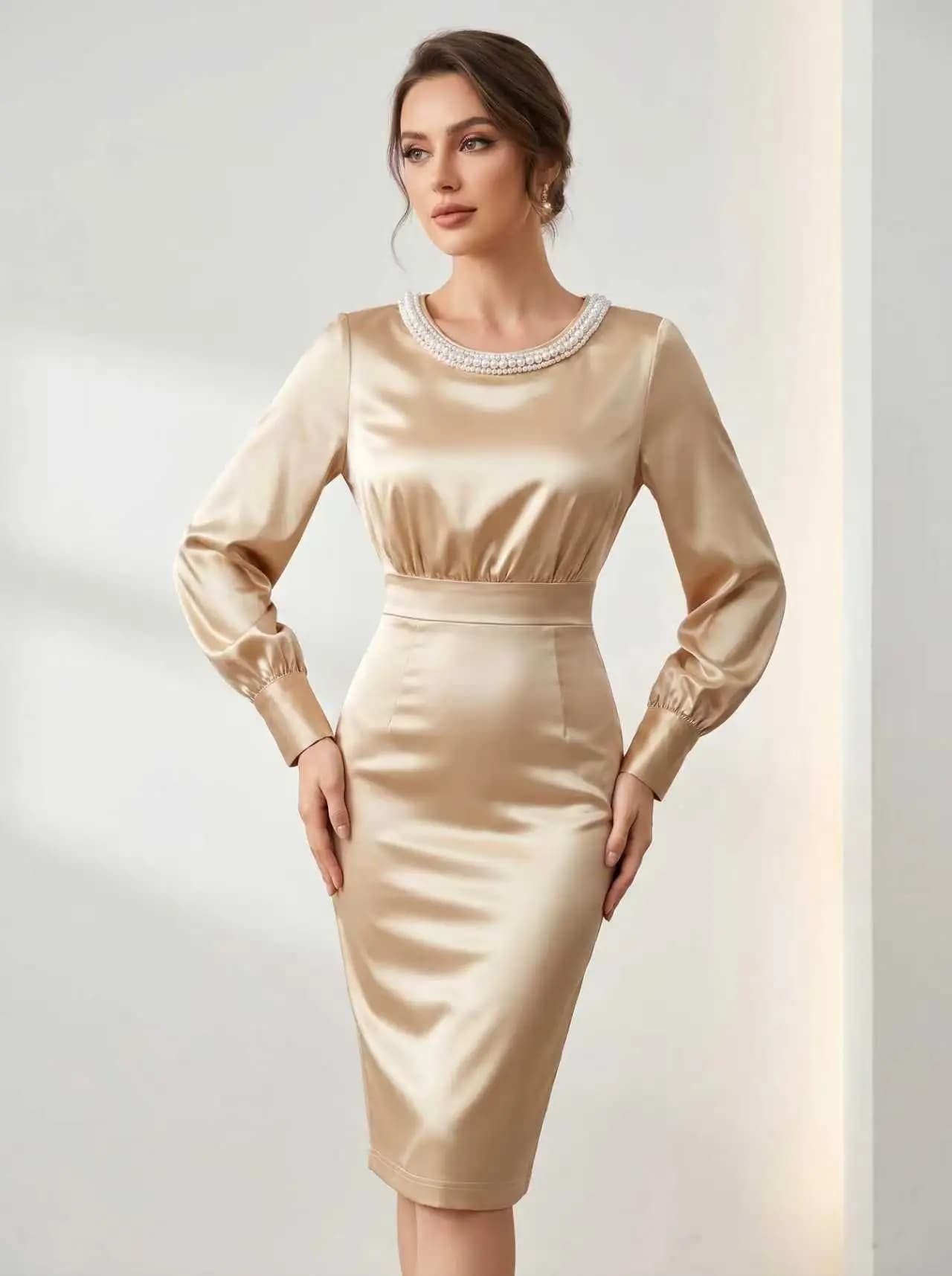 Women Satin Pearl Neckline Bodycon Midi Dress Long Sleeve Elegant Cocktail Party Dress