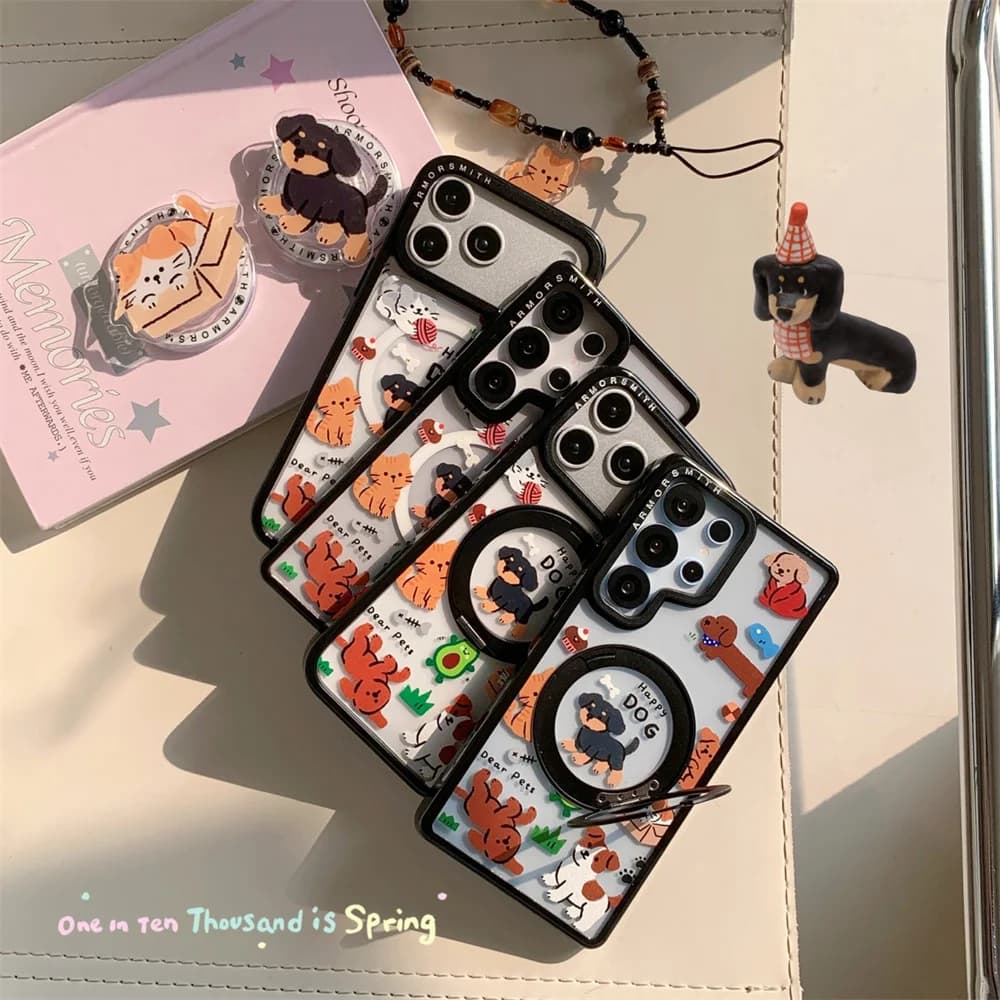 Custodia Magnetica per Telefono con Gattino e Cucciolo Coreani Carini per Samsung Galaxy S26 Ultra S23 S25 Plus S24 con Supporto MagSafe e Design Cartoon