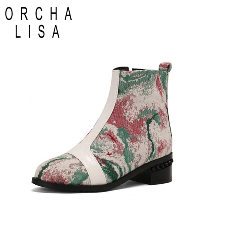 ORCHALISA Women Casual Pointed Toe Short Ankle Boots 4.5cm Thick Square Heels Leather Big Size US17 45 48 50 Black Red