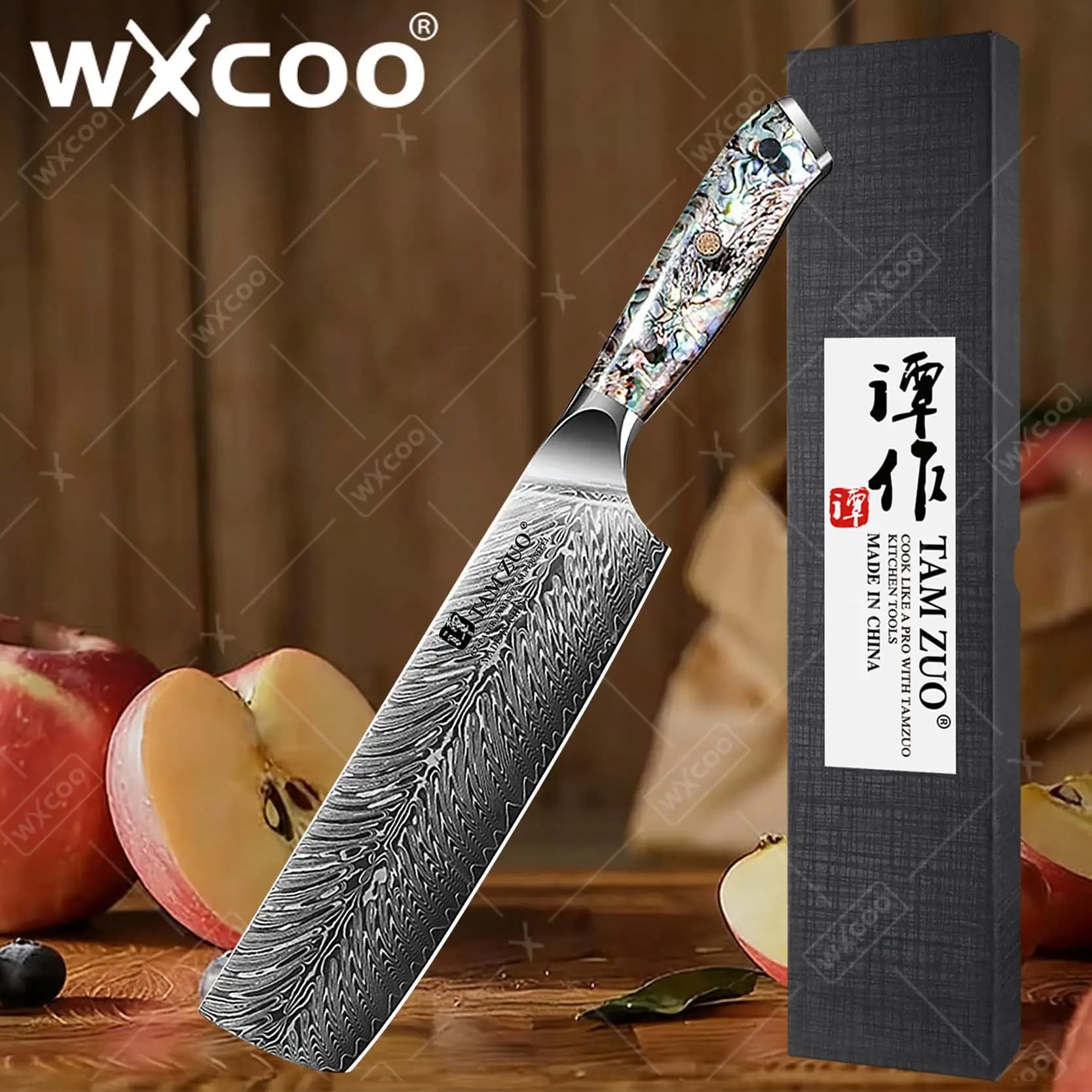 TAMZUO Nakiri knife from 6.5 Inches, Stainless Steel Sharp Blade Damasked at 67 Roads, Kitchen knife for cutting Meat, Fish and Vegetables with Gift Pack