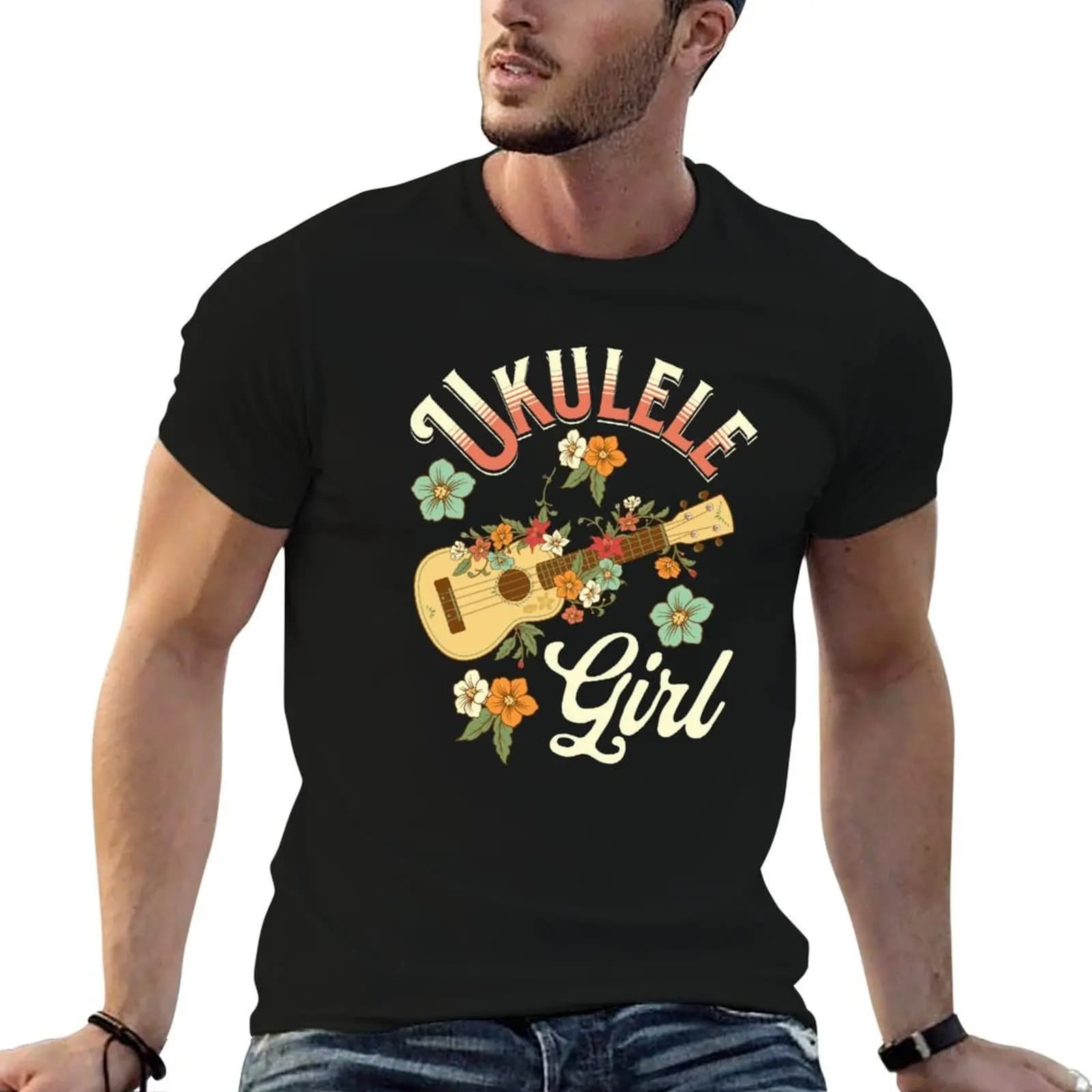 T-shirt Ukulele Girl Vintage con fiori hawaiani, per musicisti di ukulele, T-shirt anime