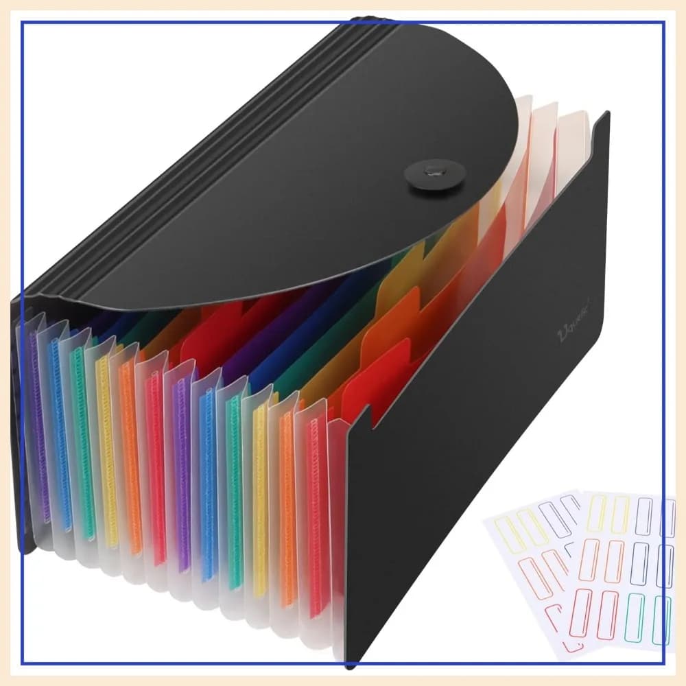 Cartella Portadocumenti Espandibile a 13 Tasche per Ricevute, Buoni, Fatture - Organizzatore di Grande Capacità con Etichette, Design Arcobaleno (Nero)